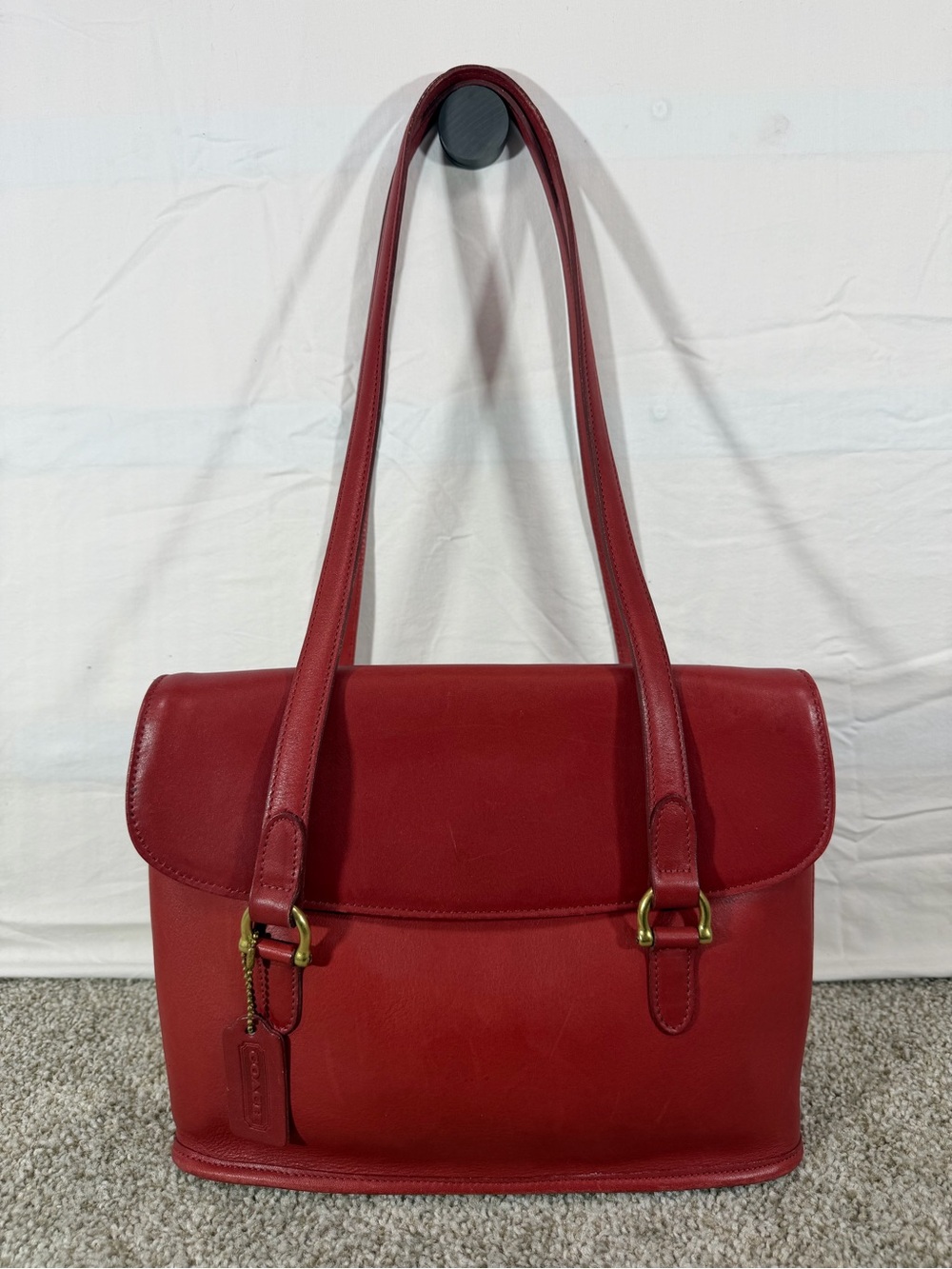 Vintage Coach Equestrian Flap Shopper Bag Red Leather 9808 USA 1997